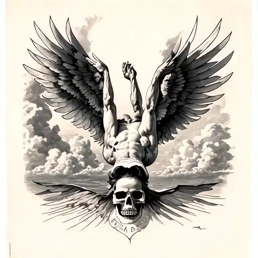 Icarus falling from sky upside down with memento mori underneath tattoo design idea