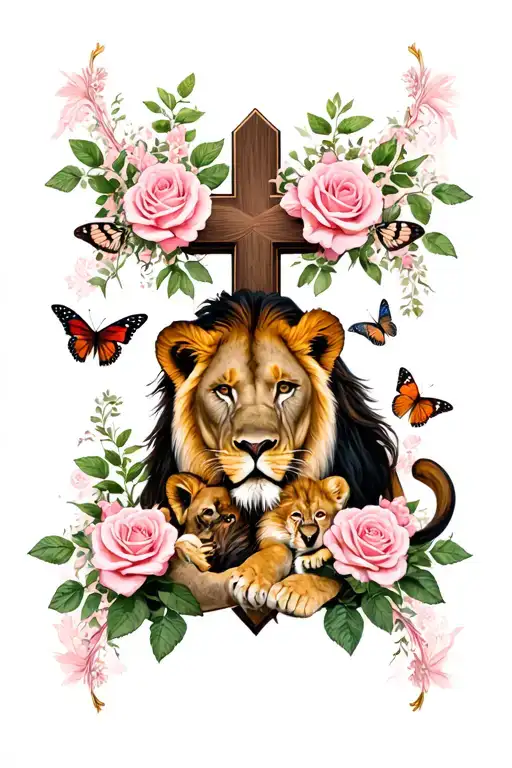 lioness who protects her lion cub with roses and butterflies around, below a cross surrounded by pink tattoo design idea