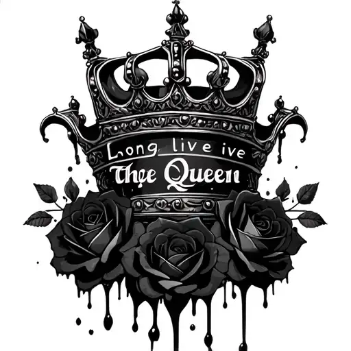 "Long live the queen" "Long live the queen" Black melting queen crown  with black roses around the crown and dark shadows tattoo design idea