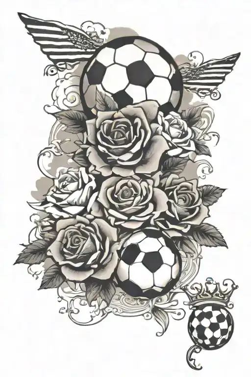 forearm sleeve tattoo with roses clouds and one soccer ball with a crown and theme of being french american with flags tattoo design idea