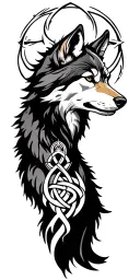 Wolf tattoo design that inspires respect and wisdom, accompanied by symbols such as triskelion, witches knot tattoo design idea