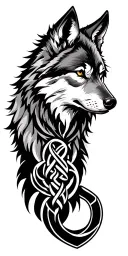 Wolf tattoo design that inspires respect and wisdom, accompanied by symbols such as triskelion, witches knot tattoo design idea