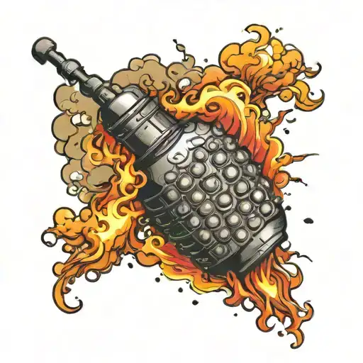 Detailed Japanese themed grenade tattoo with smoke and explosions surrounding it. Curved up to the left. tattoo design idea