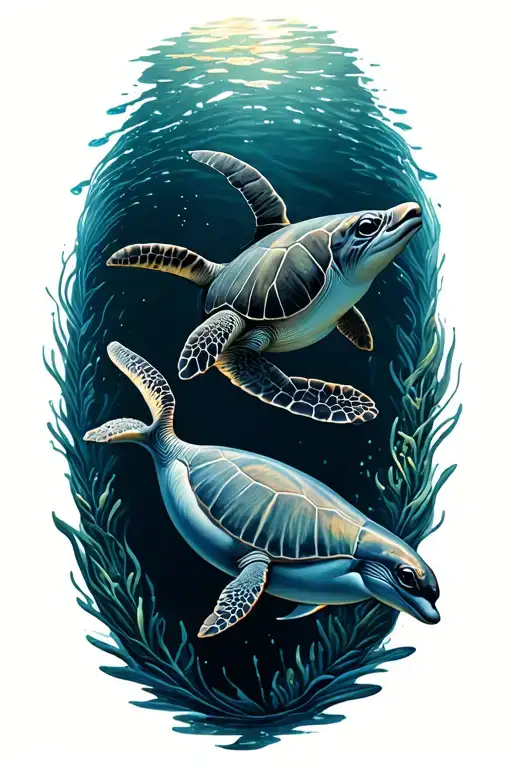 sea turtle and dolphin swimming together tattoo design idea