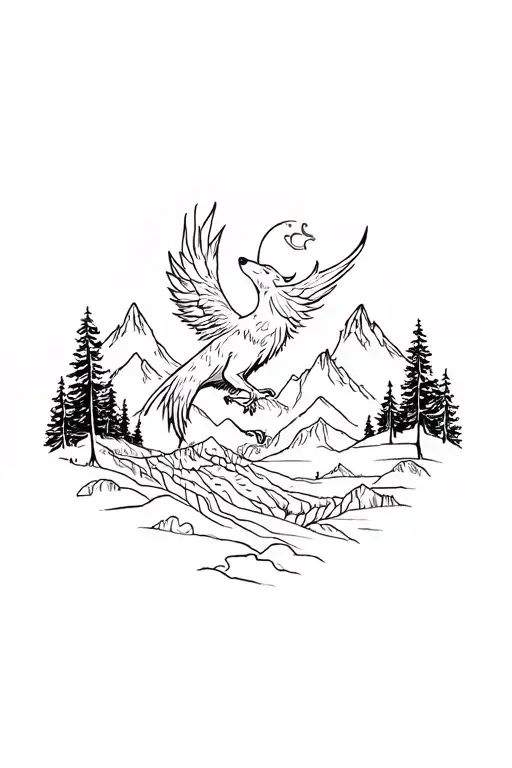 Wolf and Phoenix by Harry Potter with forest and mountain landscape tattoo design idea