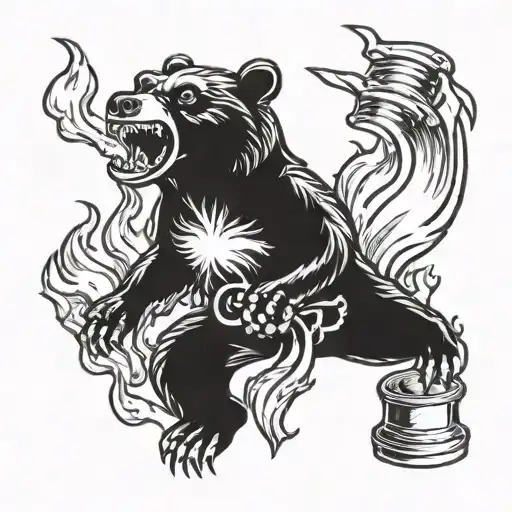 roaring bear in flames and pistons like crossbones floating tattoo design idea