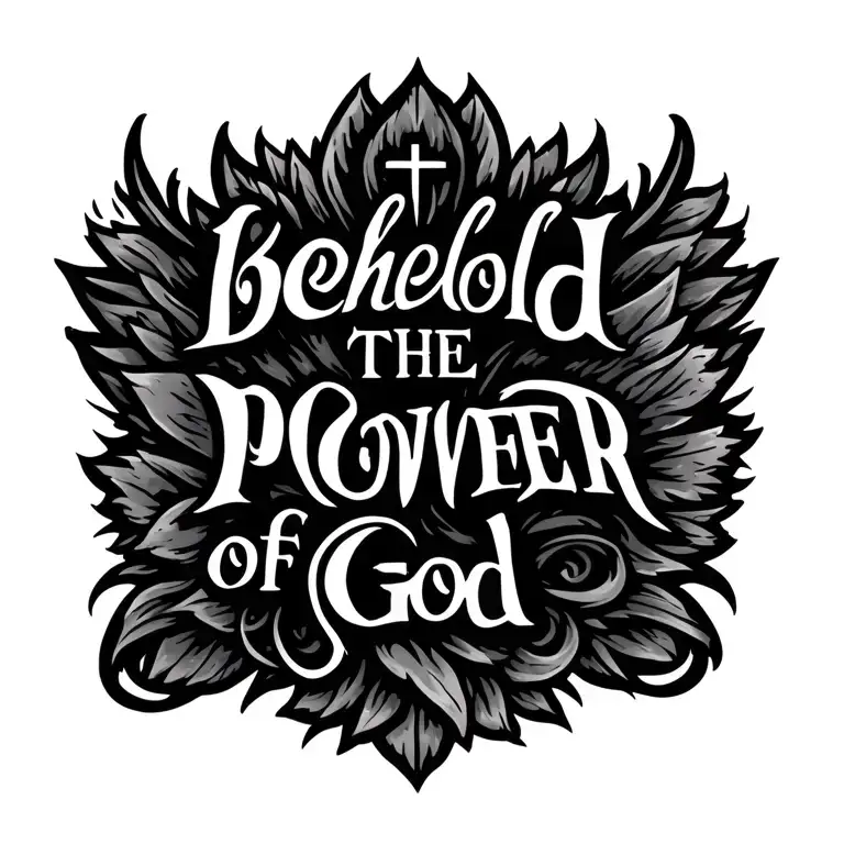 back Christian tattoo somewhere on the top it says behold the power of god " tattoo design idea