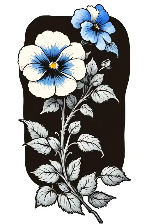 3 blue pansies, scrolling vine, 1 small red rose intertwined tattoo design idea