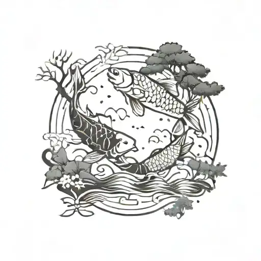 Chinese theme, animals, water, fish, trees growing tattoo design idea