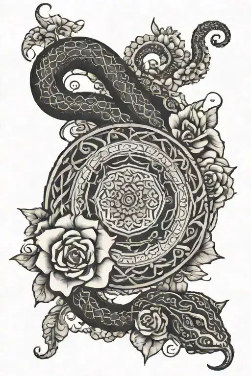 mandala and flowers and snakes tattoo design idea