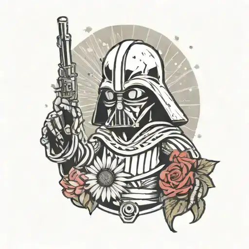 an alien with the head of Darth Vader and the right hand with a peace sign tattoo design idea