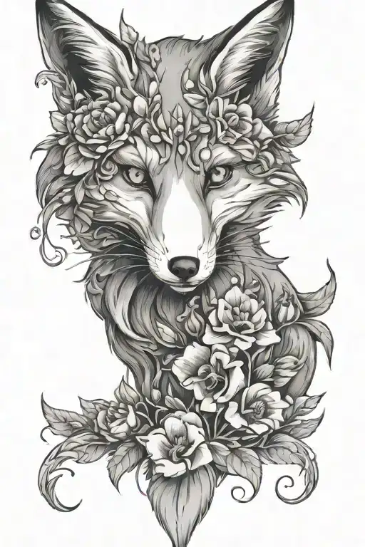earth fox crawling covered in Belladonna and foxglove flowers, in a Gothic style white eyes  tattoo design idea
