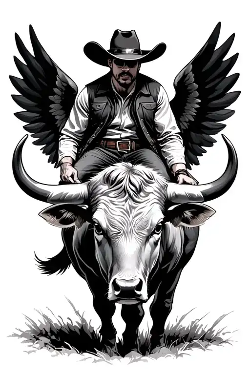cowboy on bull with black wings tattoo design idea