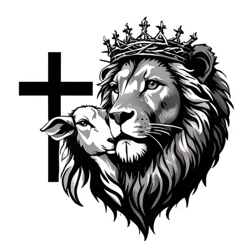 lion of Judah and a lamb with a crown of thorns with the cross between them tattoo design idea