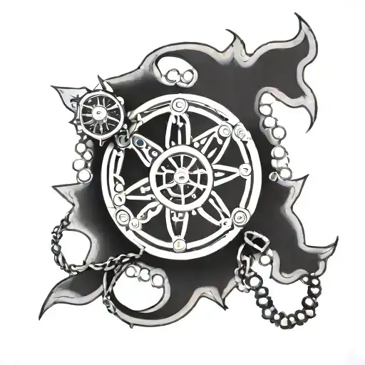 dharma wheel with rosary wrapped tattoo design idea