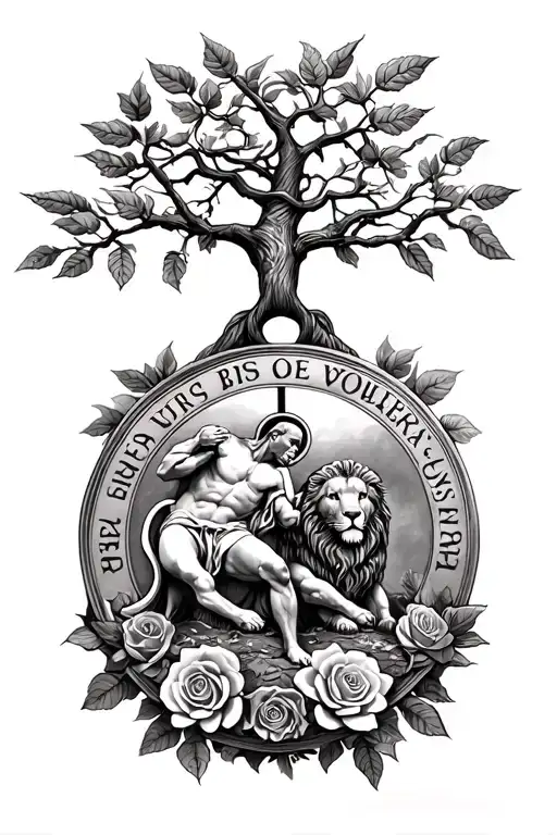 Large St. Benedict Medal, Tree Of Life, O'Connor warrior St. Michael, defeated Lion, Castilian Roses on the ground. tattoo design idea