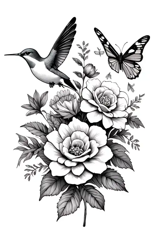 Carnations, Daffodils, Violets, roses and marigolds with hummingbirds, butterflies and dragonfly's  tattoo design idea