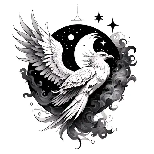 delicate and feminine features. A phoenix with a moon, sun and stars. All this surrounded by smoke tattoo design idea