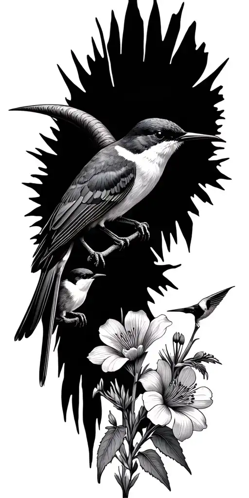 colorado mountains and lark bunting and long horn and columbine add humming birds  tattoo design idea