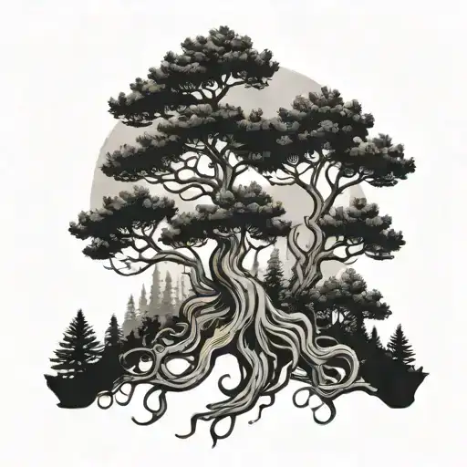 pine trees with tentacles coming tattoo design idea