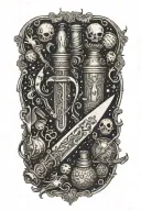 An intricate dotwork tattoo of a cook's knife morphing into a magical wand, with DnD dice and potion bottles scattered around tattoo design idea