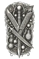 An intricate dotwork tattoo of a cook's knife morphing into a magical wand, with DnD dice and potion bottles scattered around tattoo design idea