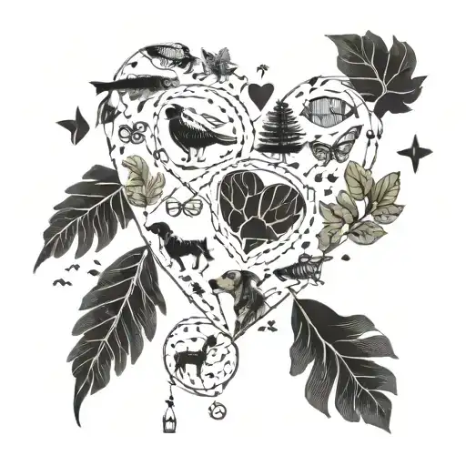 A heart-shaped map outline filled with fishing lures and dog paw prints, representing the client's love for both hobbies and pets, in blackwork style tattoo design idea