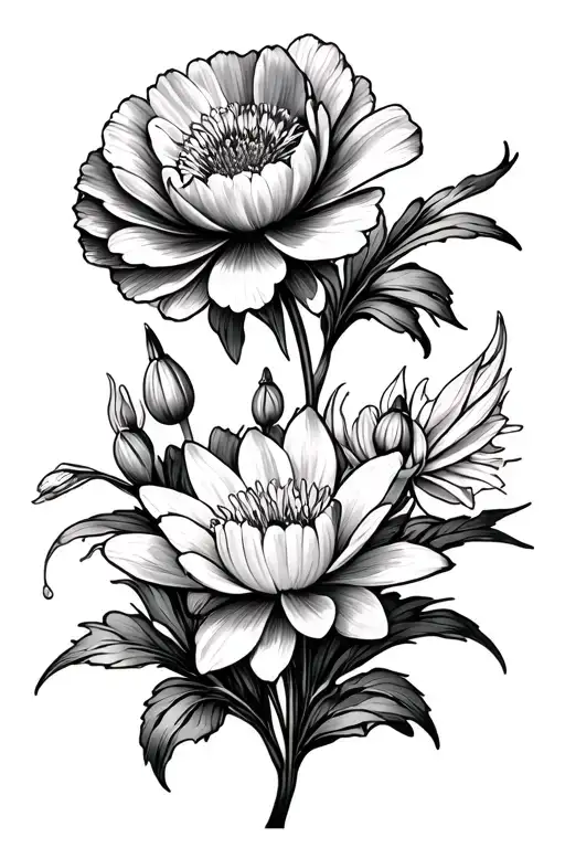 Carnation, snowdrop and Daisy, sweet pea and larkspur, water Lily tattoo design idea