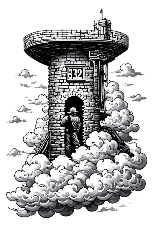 a mine shaft, a mine worker, clouds and number 322 in the clouds tattoo design idea