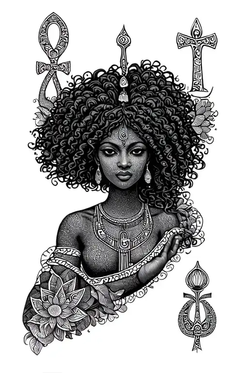 African Goddess Aja Curly Hair Virgo Symbol Forest Avatar Symbol Ankh Symbol Lotus Mandala Elements in Background tattoo design idea