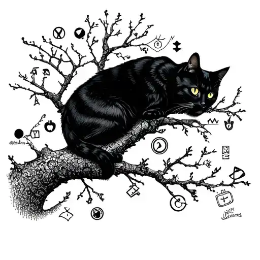 A black cat lounging in a tree filled with psychology symbols, capturing the essence of solitude and introspection tattoo design idea