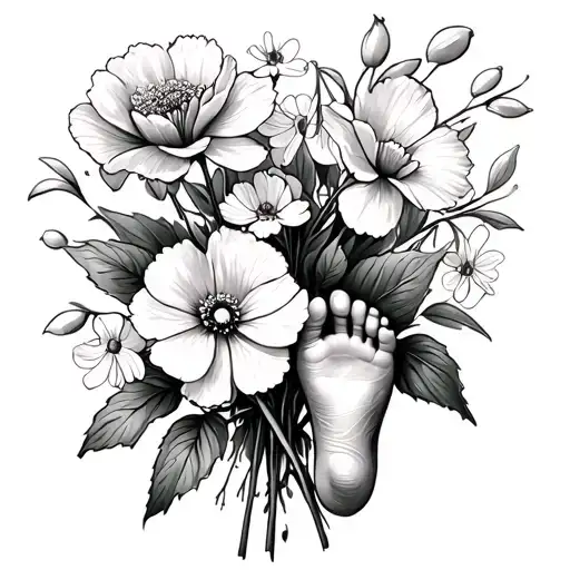 "Helena" carnation and snowdrop flower bouquet with baby foot print tattoo design idea