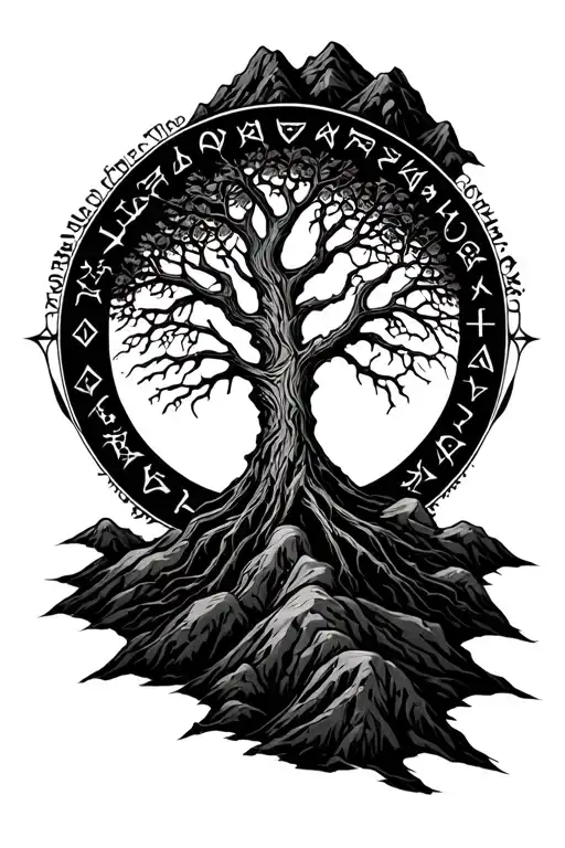 A circle of dwarven runes protects the mountain tree of life tattoo design idea
