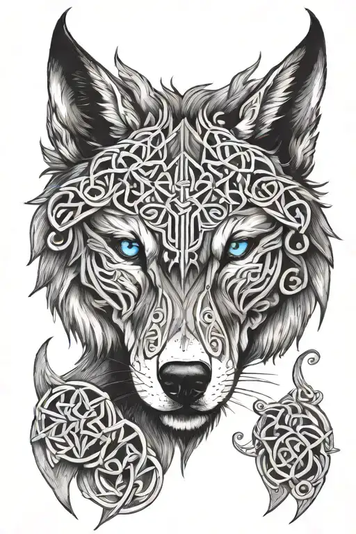 Wolf With Blue Eyes On Armor Featuring Celtic Trinity Knot  tattoo design idea
