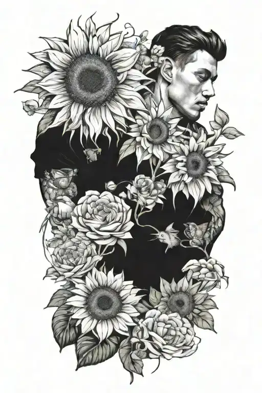 find someonw who grows flowers in the darkest parts of you, annotomically correct heart, garden, masculine, sunflowers tattoo design idea