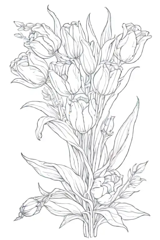 bouquet tulips bluebells fine line tattoo design idea