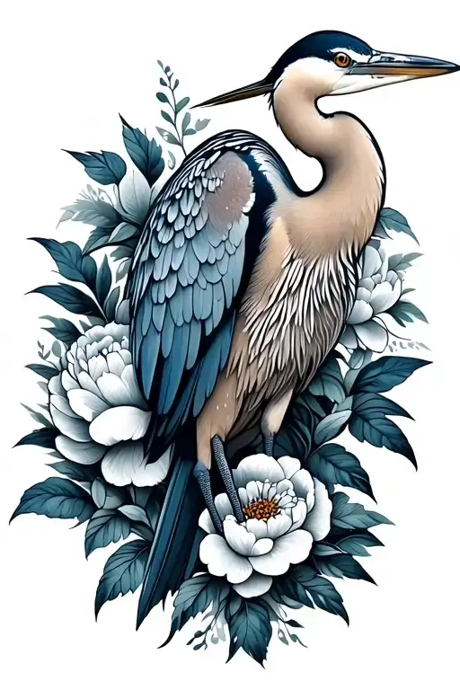 blue heron standing surrounded by flowers peony tattoo design idea