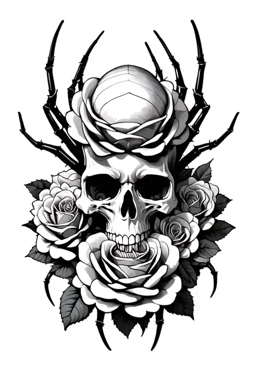 spider skull and roses blooming tattoo design idea