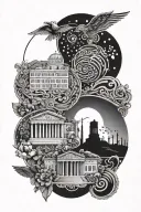 Create a dotwork design featuring famous quotes from classic films intertwined with elements of Greek architecture tattoo design idea
