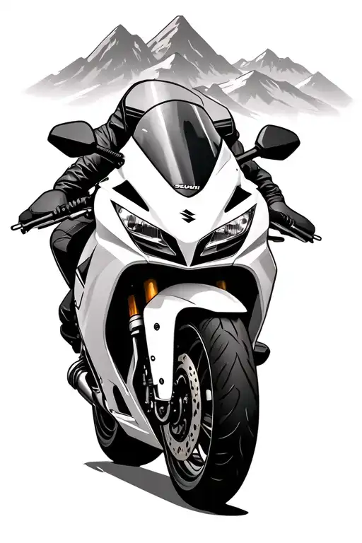 3rd generation Suzuki Hayabusa from front angle , rocky mountain background emerging from soemthing tattoo design idea