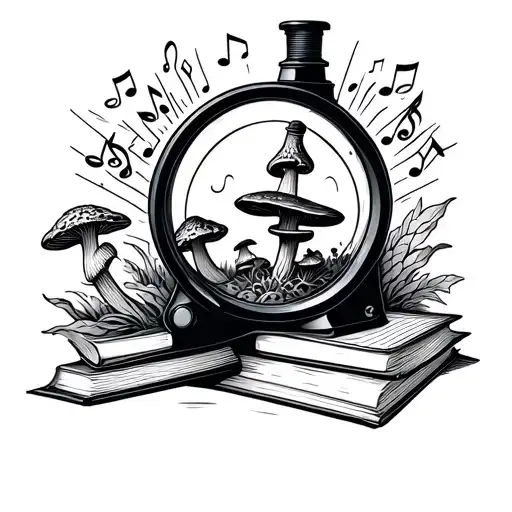 A blackwork tattoo of a microscope with Morel mushrooms growing inside the lens, surrounded by books and music notes tattoo design idea