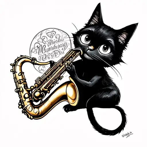 coraline black cat playing the saxophone tattoo design idea