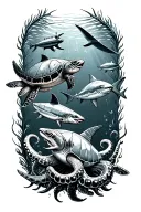 underwater scene featuring turtles swimming, submarine, shark, tuna and octopus tattoo design idea