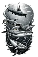 underwater scene featuring turtles swimming, submarine, shark, tuna and octopus tattoo design idea