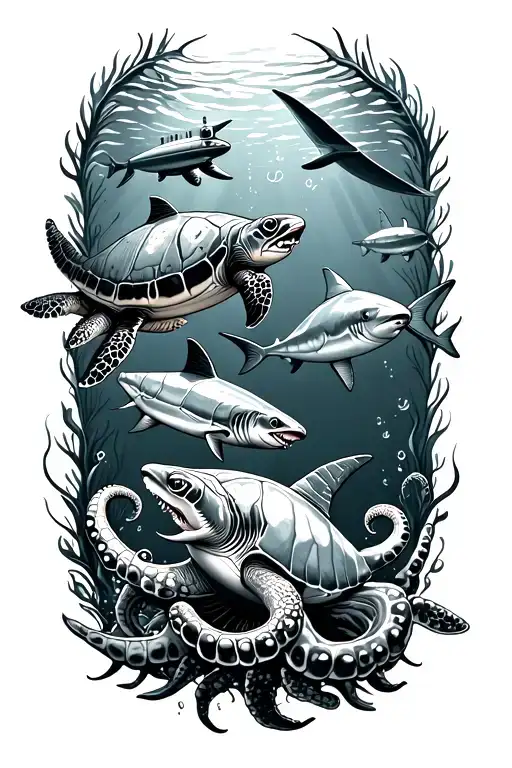 underwater scene featuring turtles swimming, submarine, shark, tuna and octopus tattoo design idea