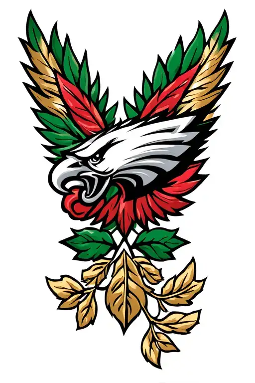 Philadelphia Eagles logo with golden laurel leaves, and new orleans style purple, red, lime green, and gold feathers tattoo design idea