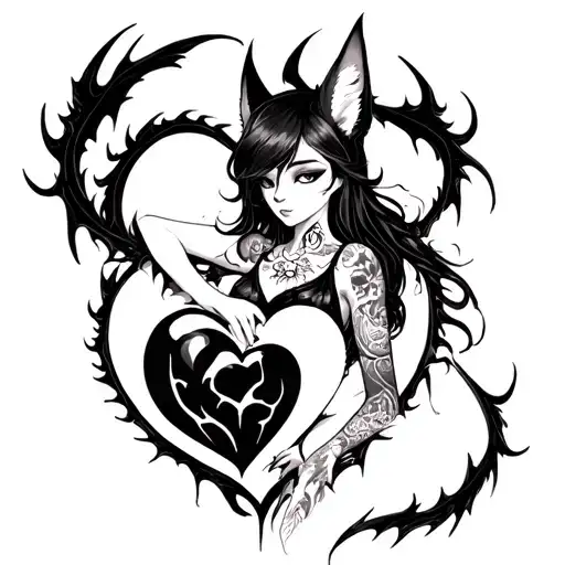 tattooed anime demon fox woman holding a shattered heart with a heart shaped black dragon surround tattoo design idea