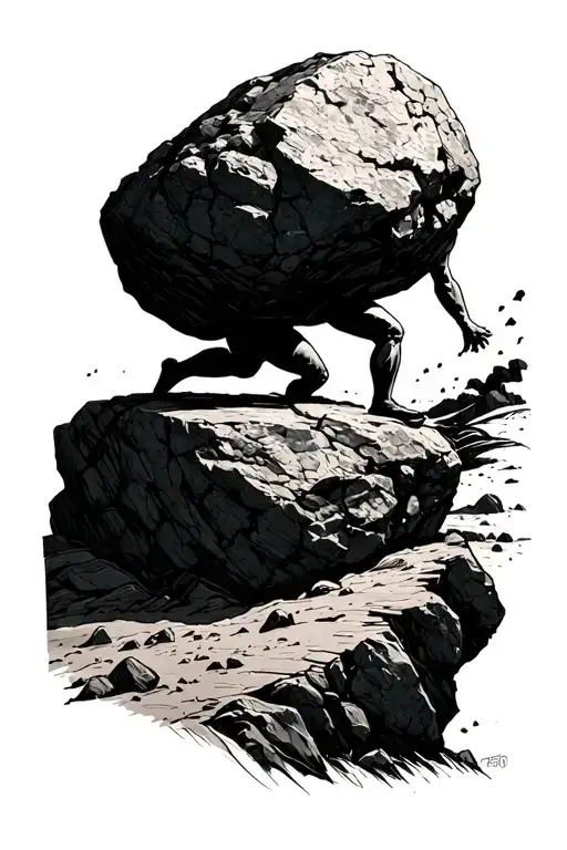 Sisyphus pushing a boulder uphill tattoo design idea