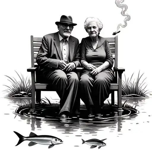 It can be seen that an elderly couple sits on chairs, next to a fish pond. The man smokes a cigar and di tattoo design idea