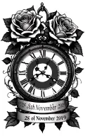 a clock with roses around it with a date  28th of november 2019 underneath in Roman numerals  tattoo design idea